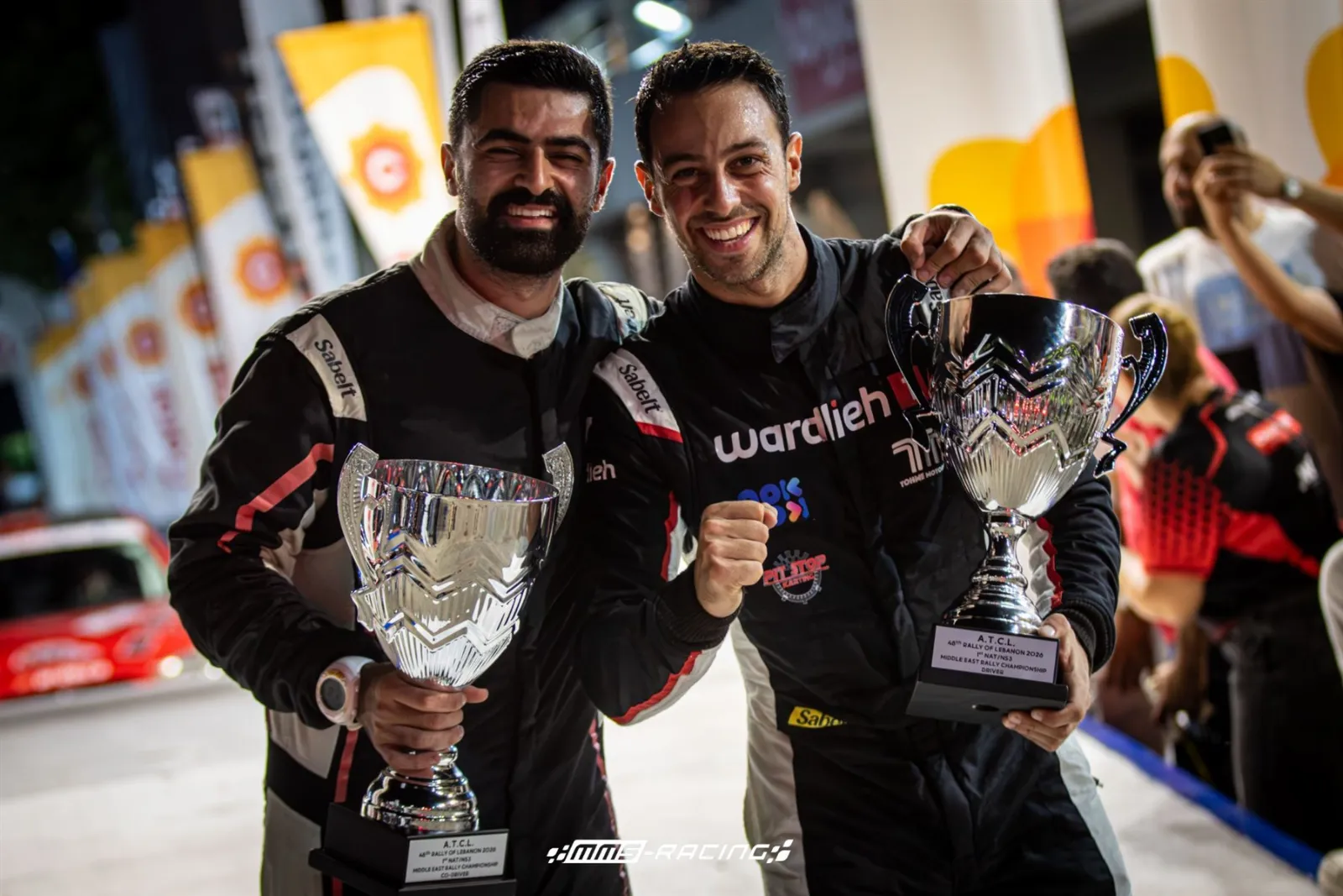 Carl Rizk and Karim Abou Elias with their class winner trophies at the Rally of Lebanon 2026